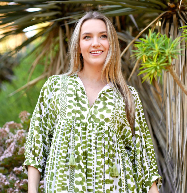 Mylah Midi Dress Block Printed Green-Blue Hand Home
