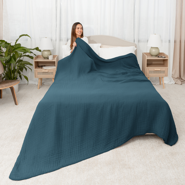 Muslin Blanket for Adults, 6-Layer Bedding by Comfy Cubs-Blue Hand Home
