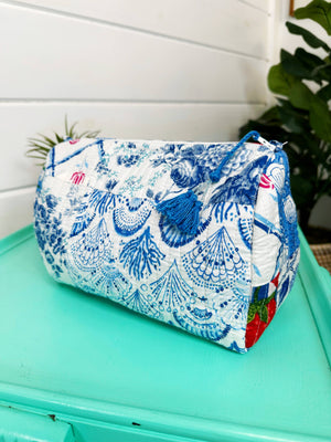 Quilted Makeup Bag | Cosmetic Toiletry Bag | Blue Patchwork-Blue Hand Home