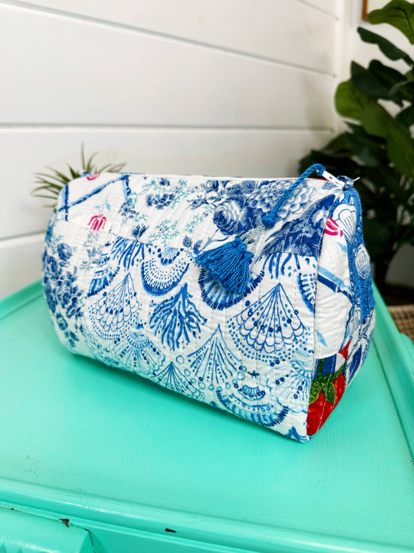 Quilted Makeup Bag | Cosmetic Toiletry Bag | Blue Patchwork-Blue Hand Home