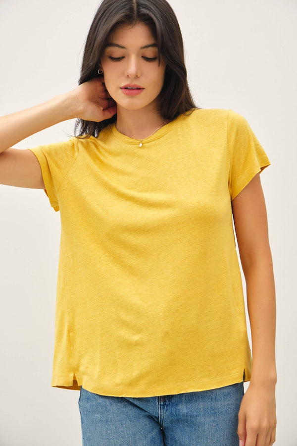 LINEN CLASSIC ROUND NECK SPLIT HEM T-SHIRT-Blue Hand Home