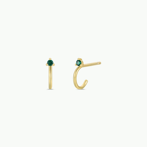 Open Mini Hoop Earrings - 18k Gold - Green Emerald