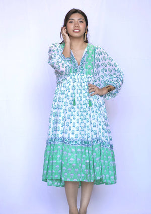 Mylah Midi Dress Block Printed Green White -Blue Hand Home