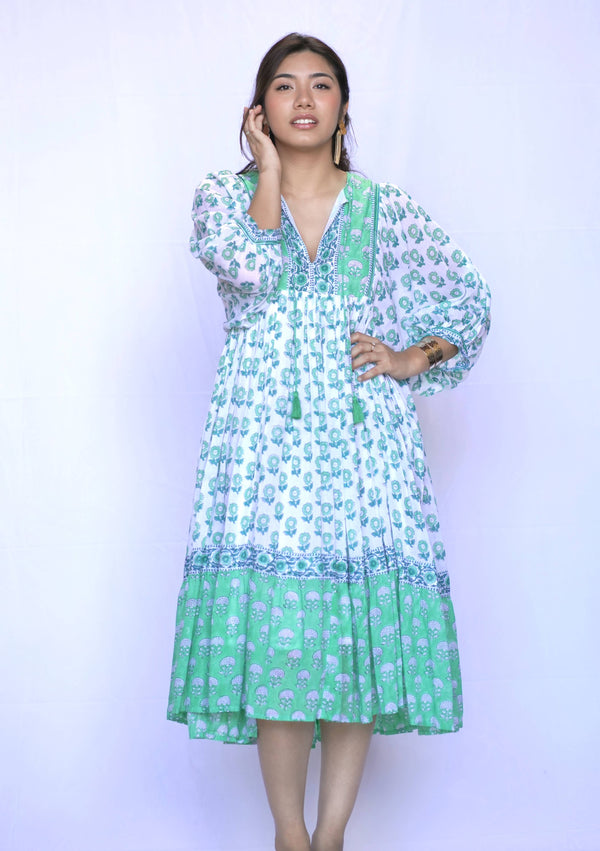 Mylah Midi Dress Block Printed Green White -Blue Hand Home