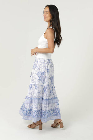 E6E87-WB55 PRINTED MAXI SKIRT-Blue Hand Home