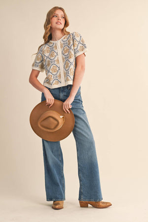 FLORAL SHORT SLEEVE SWEATER CARDIGAN MSW11258-Blue Hand Home