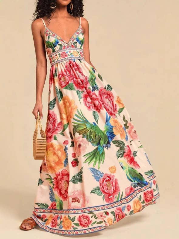 Verona Macaw & Peony Floral print resort strappy sundress-Blue Hand Home