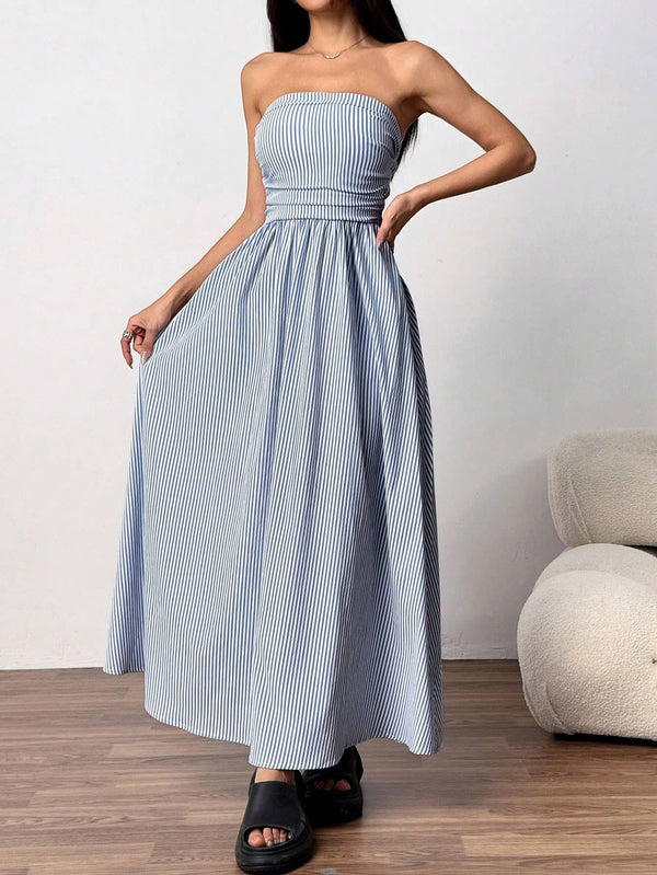 Effortless vibe Pinstripe strapless A-line skirt maxi dress-Blue Hand Home