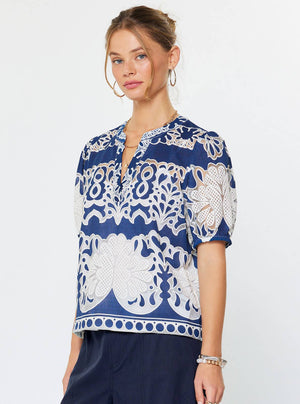 Embroidered Short Puff Sleeve Blouse-Blue Hand Home