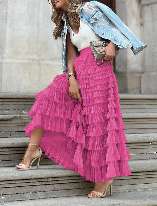 Elastic waist ruffle tulle maxi skirt-Blue Hand Home