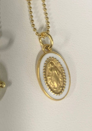 N242 white Enamel and Gold Mary Medal Necklace-Blue Hand Home