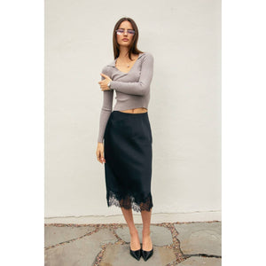 Dull Satin Lace Hem Pencil Skirt-Blue Hand Home