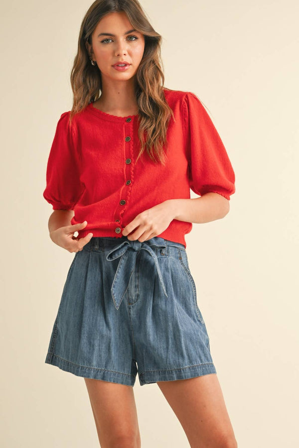 J5056 PUFF SHORT SLEEVE BUTTON DOWN KNIT CARDIGAN-Blue Hand Home