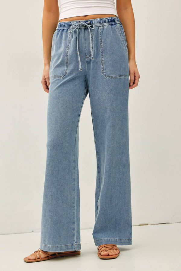 KNIT DENIM WIDE LEG PULL ON PANTS-Blue Hand Home