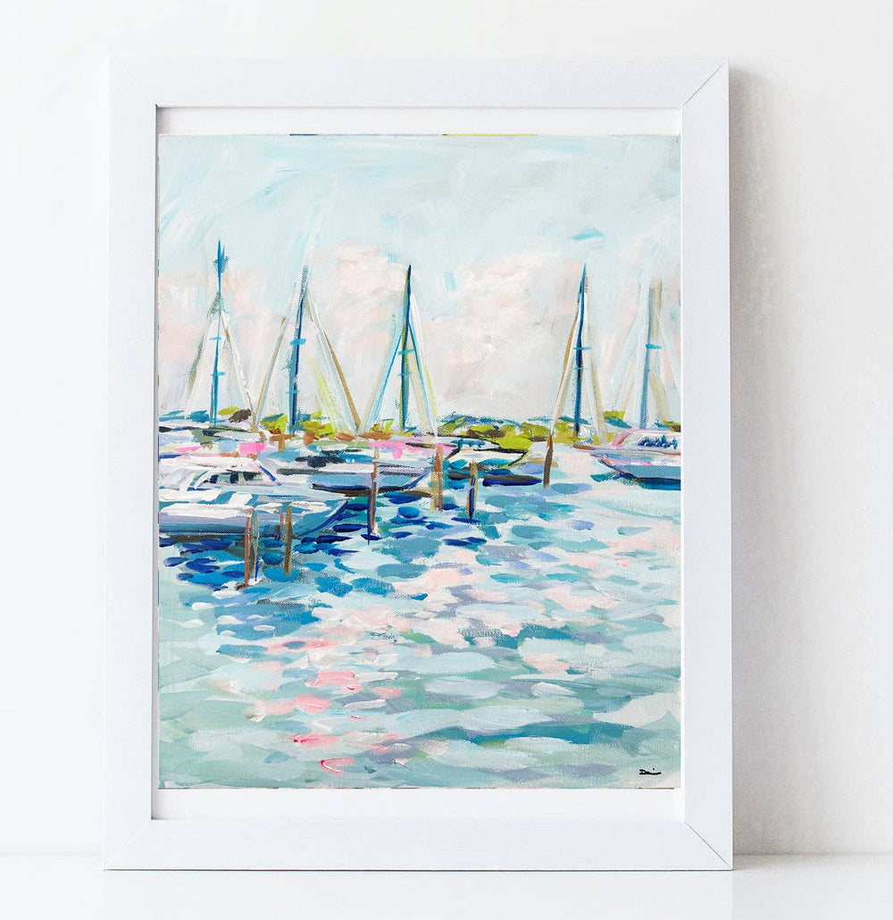 Sailboats Print on Paper, "Marina at Dusk"-Blue Hand Home