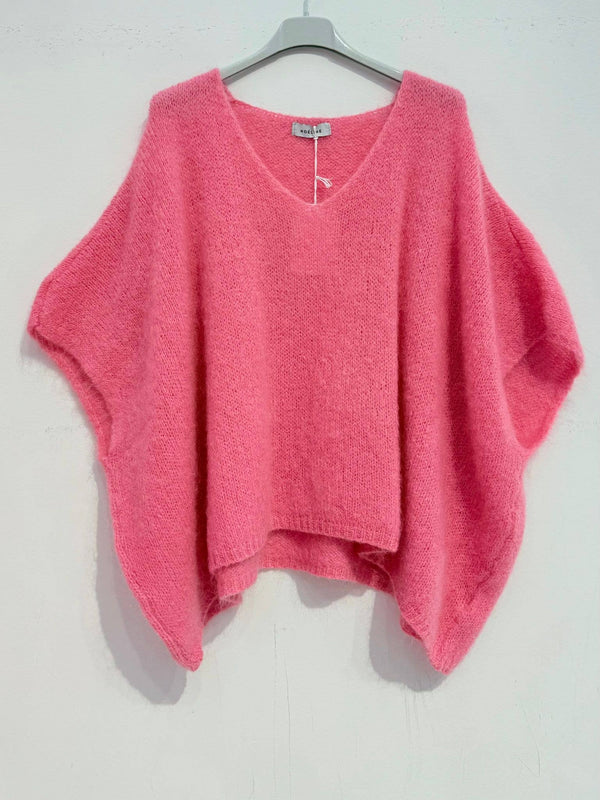 Mohair poncho sweater 7627: Fuchsia fluo-Blue Hand Home