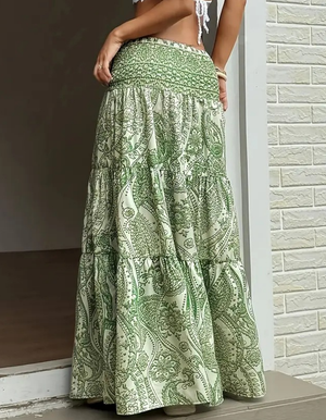 Smocked Elastic Beach Paisley Print Tiered Maxi Skirt-Blue Hand Home