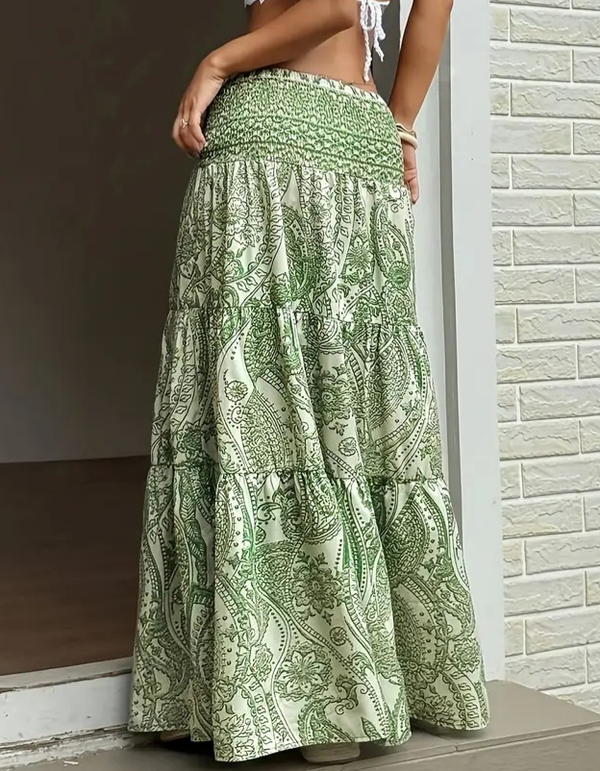 Smocked Elastic Beach Paisley Print Tiered Maxi Skirt-Blue Hand Home