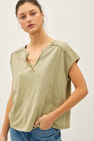 Garment Dye Oversize Cut Split-V Cotton Slub Tee-Blue Hand Home