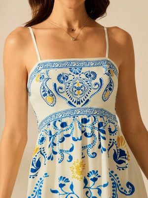 Cascais Bohemia Tropical palm strappy sundress-Blue Hand Home