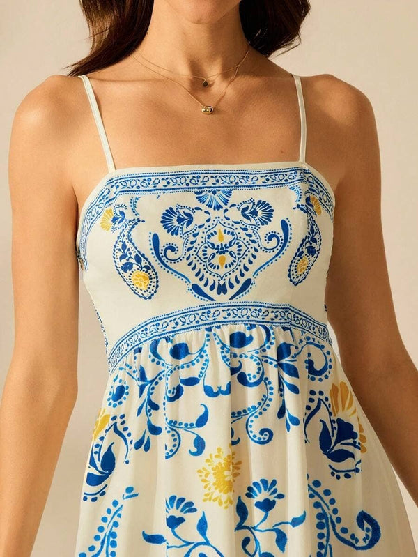Cascais Bohemia Tropical palm strappy sundress-Blue Hand Home