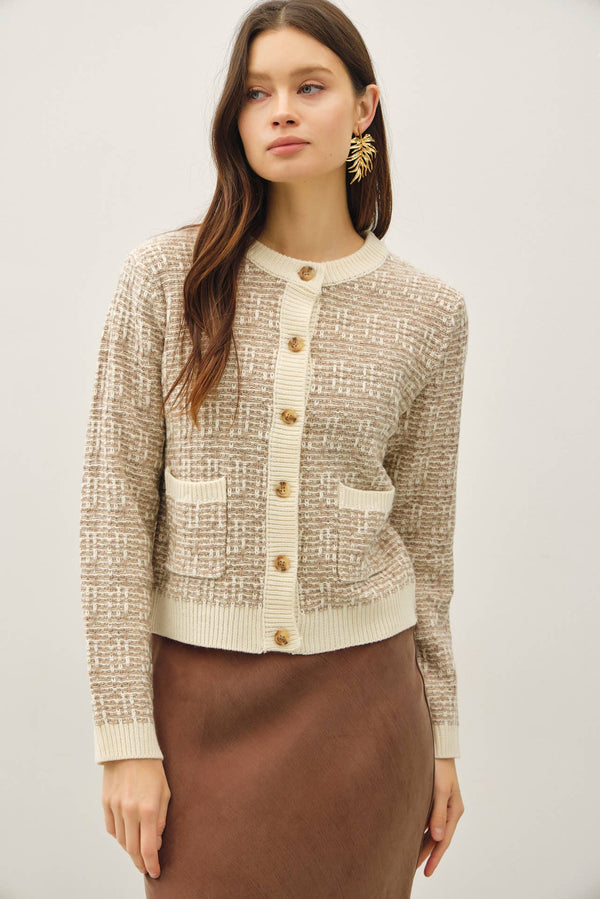 TWEED KNIT CREWNECK CARDIGAN-Blue Hand Home