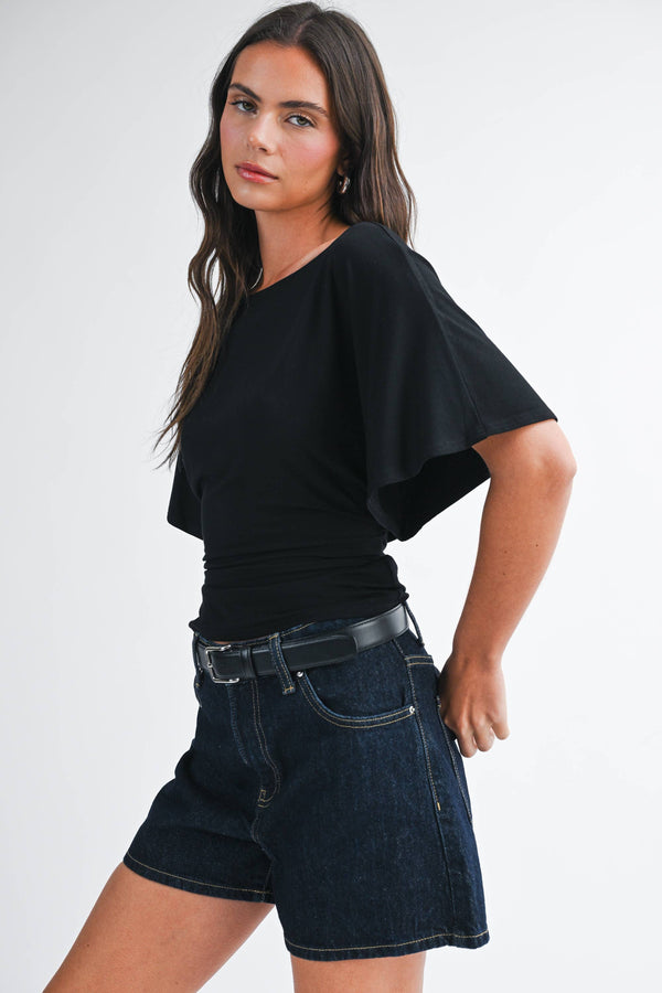 8654hk Draped Short Sleeve Back Tie Top Tee