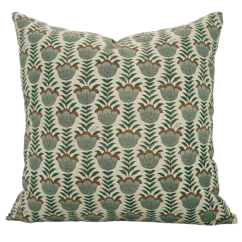 Unique Block Print Linen Blend Pillow Cover - Lotus-Blue Hand Home