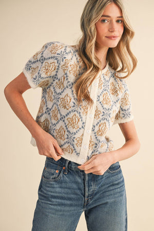 FLORAL SHORT SLEEVE SWEATER CARDIGAN MSW11258-Blue Hand Home
