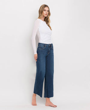 TUMMY CONTROL MID RISE DARK WASH WIDE LEG JEANS LV1311-Blue Hand Home
