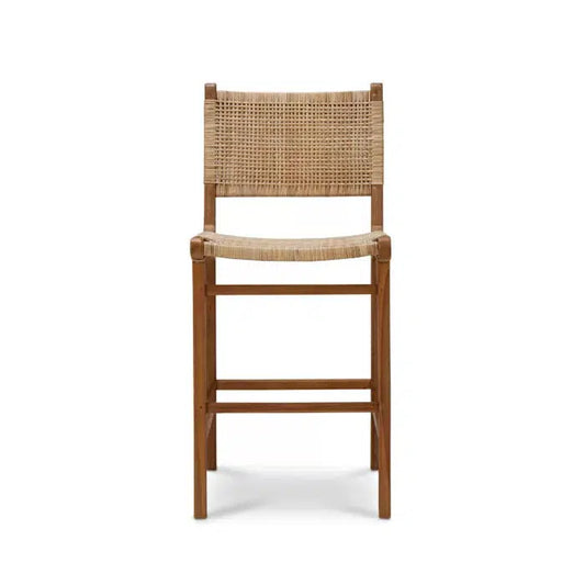 Logan Counter Stool w/ Rattan in Teak Natural Finish w/ Rattan Natural Seat & Back-Blue Hand Home