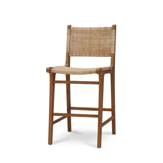 Logan Counter Stool w/ Rattan in Teak Natural Finish w/ Rattan Natural Seat & Back-Blue Hand Home