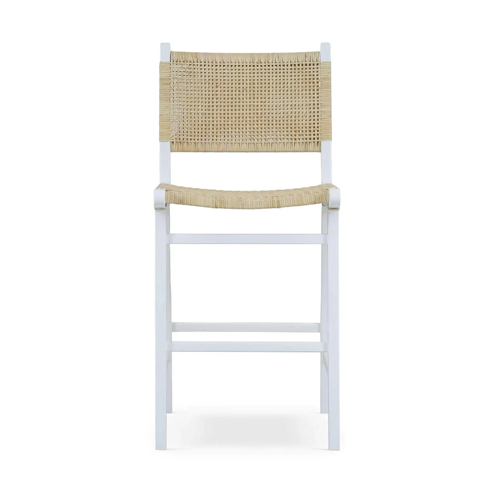 Logan Teak Counter Stool in True White Finish w/ Rattan Natural Seat & Back-Blue Hand Home