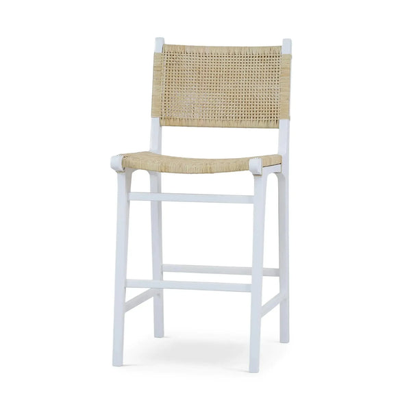 Logan Teak Counter Stool in True White Finish w/ Rattan Natural Seat & Back-Blue Hand Home