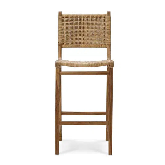 Logan Barstool w/ Rattan in Teak Natural Finish w/ Rattan Natural Seat & Back-Blue Hand Home