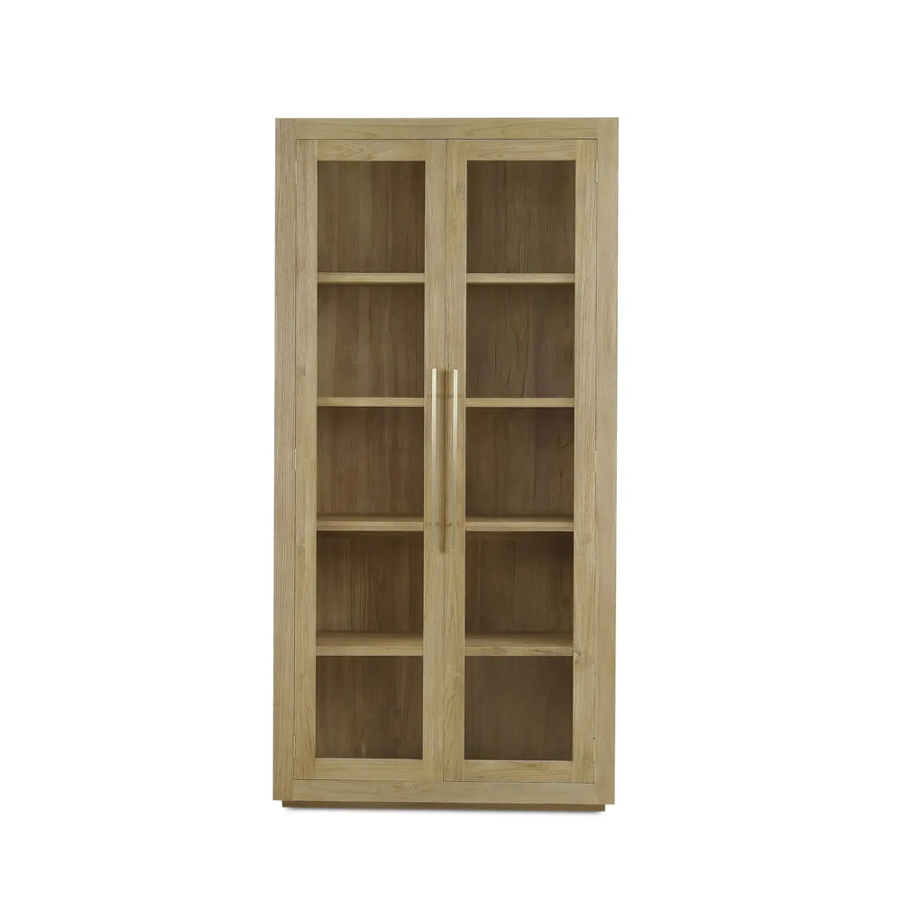 Tuscan Rustic Distressed Teak Display Cabinet in Teak Natural w/ Weathered Teak Distressing-Blue Hand Home