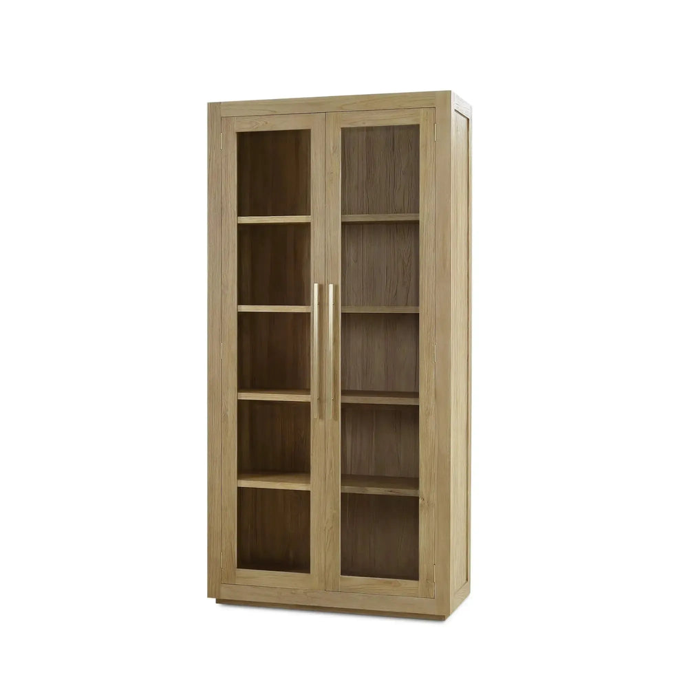 Tuscan Rustic Distressed Teak Display Cabinet in Teak Natural w/ Weathered Teak Distressing-Blue Hand Home