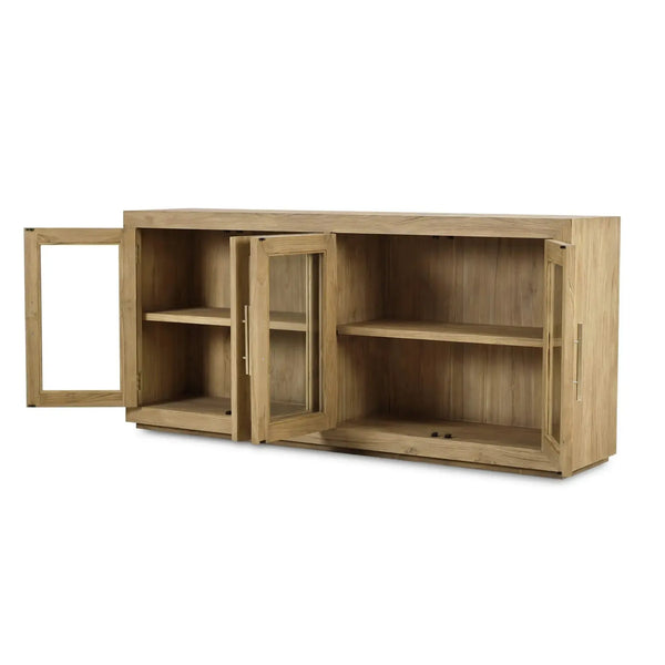 Tuscan Rustic Distressed Teak 4 Door Sideboard in Teak Natural w/ Weathered Teak Distressing-Blue Hand Home