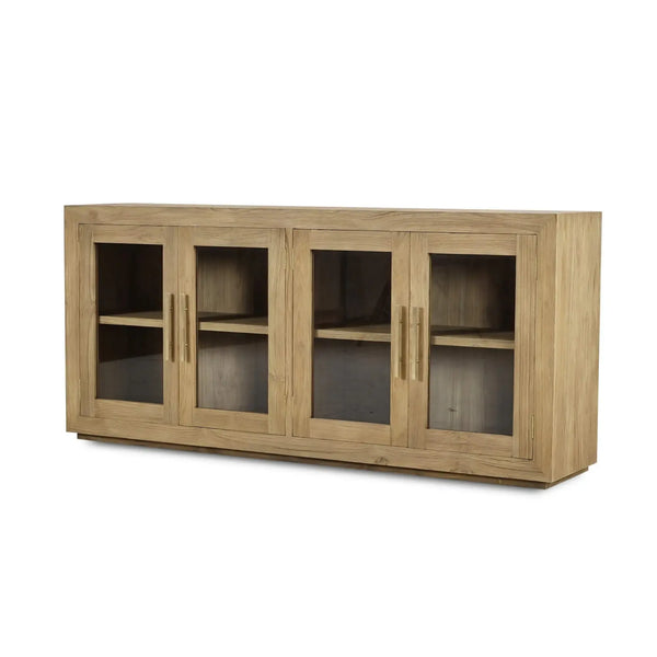 Tuscan Rustic Distressed Teak 4 Door Sideboard in Teak Natural w/ Weathered Teak Distressing-Blue Hand Home