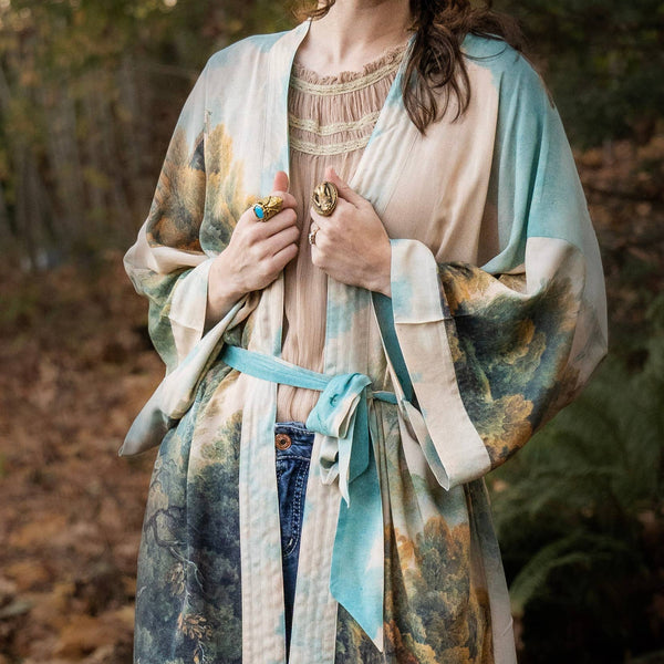 Awakening Opera Duster Kimono Robe w/Landscape and Eagle-Blue Hand Home