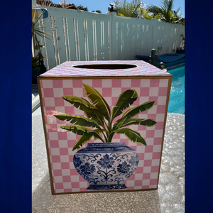 Paper Mache Kleenex Box with chinoiserie vase and dragonfly-Blue Hand Home