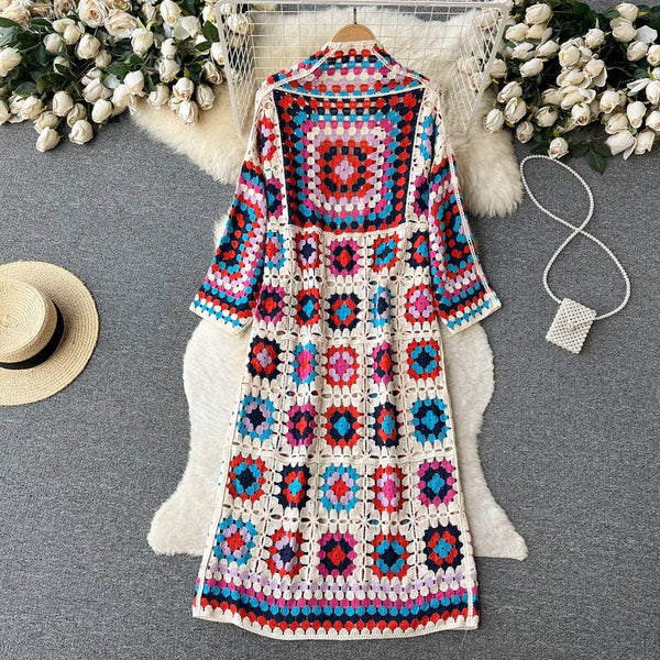 BOHO Color Blocks Crochet Cardigan long maxi cover-up-Blue Hand Home