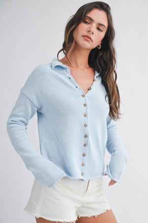 5221HK Button Front Cropped Knit Cardigan-Blue Hand Home
