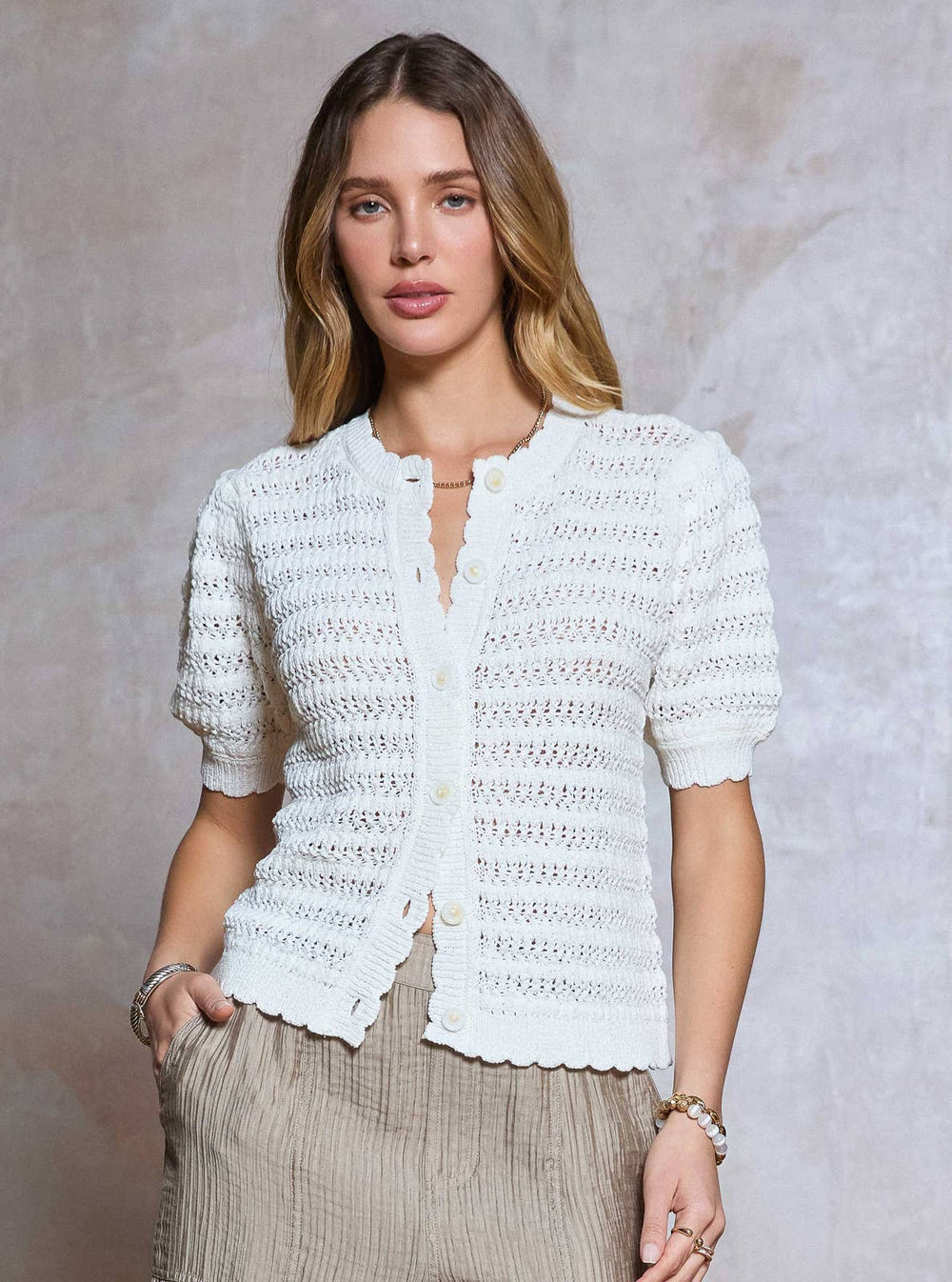 Scallop Crochet Short Sleeve Cardigan-Blue Hand Home