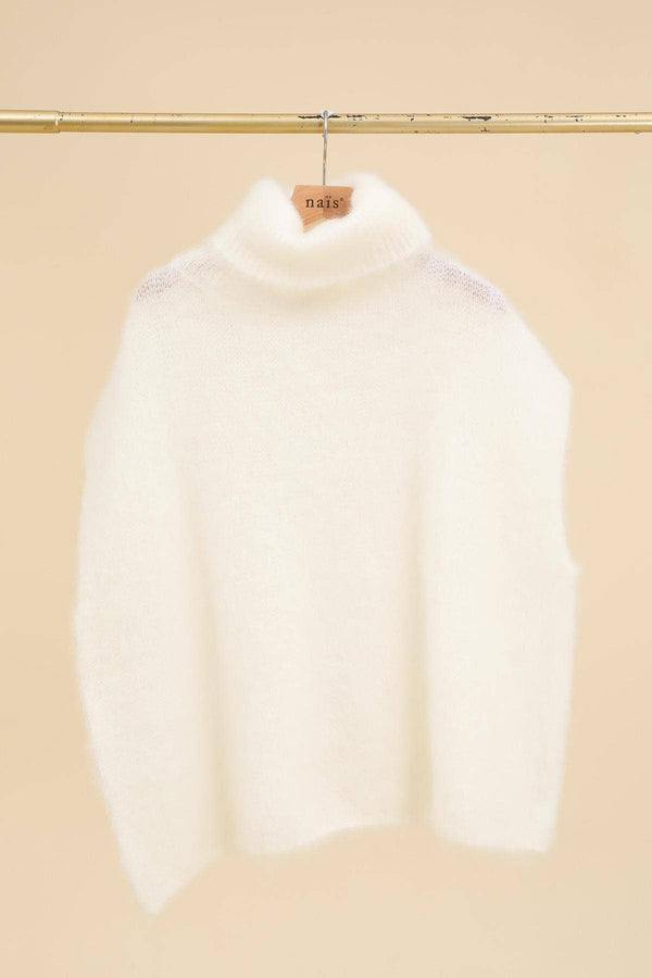 80% Kid Mohair Turtleneck Poncho Sweater: Kaki / One Size-Blue Hand Home