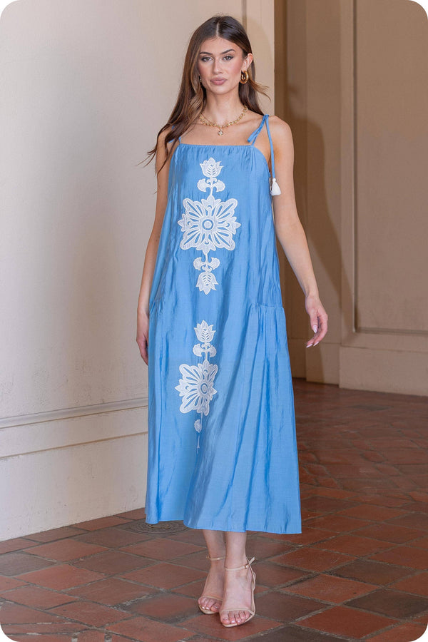 Floral Embroidered Sleeveless Tassel Tie Strap Midi Dress