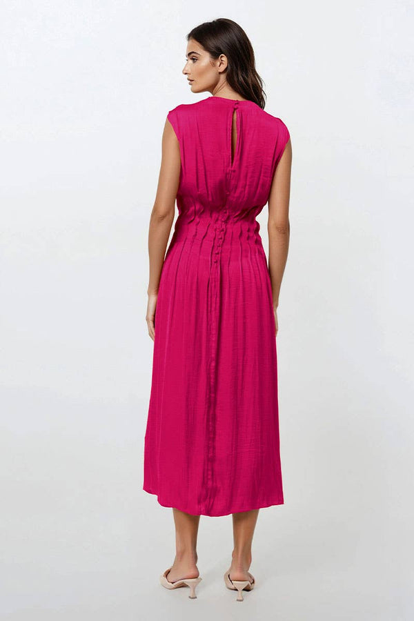 Silky Pleated Waistline Midi Dress-Blue Hand Home