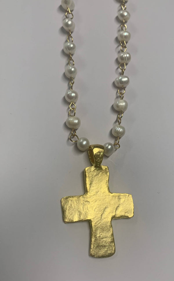 Chunky Hammered Cross Pendant Necklace with 18" Pearl Chain-Blue Hand Home