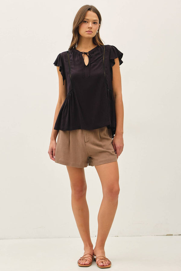 TIE FRONT RUFFLE SLEEVE TOP-Blue Hand Home