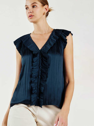 Button Front Pleated Blouse-Blue Hand Home